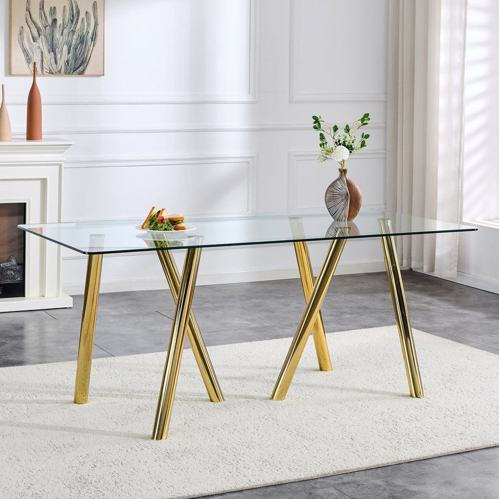 English Elm Rgt02-18090-Trg-T Tempered Glass Rectangular Dining Table with Electroplated Metal Base W3875P369316