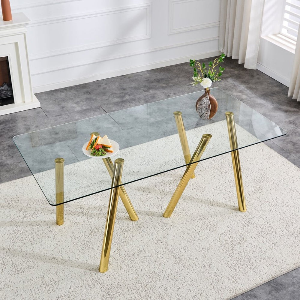 English Elm Rgt02-18090-Trg-T Tempered Glass Rectangular Dining Table with Electroplated Metal Base W3875P369316