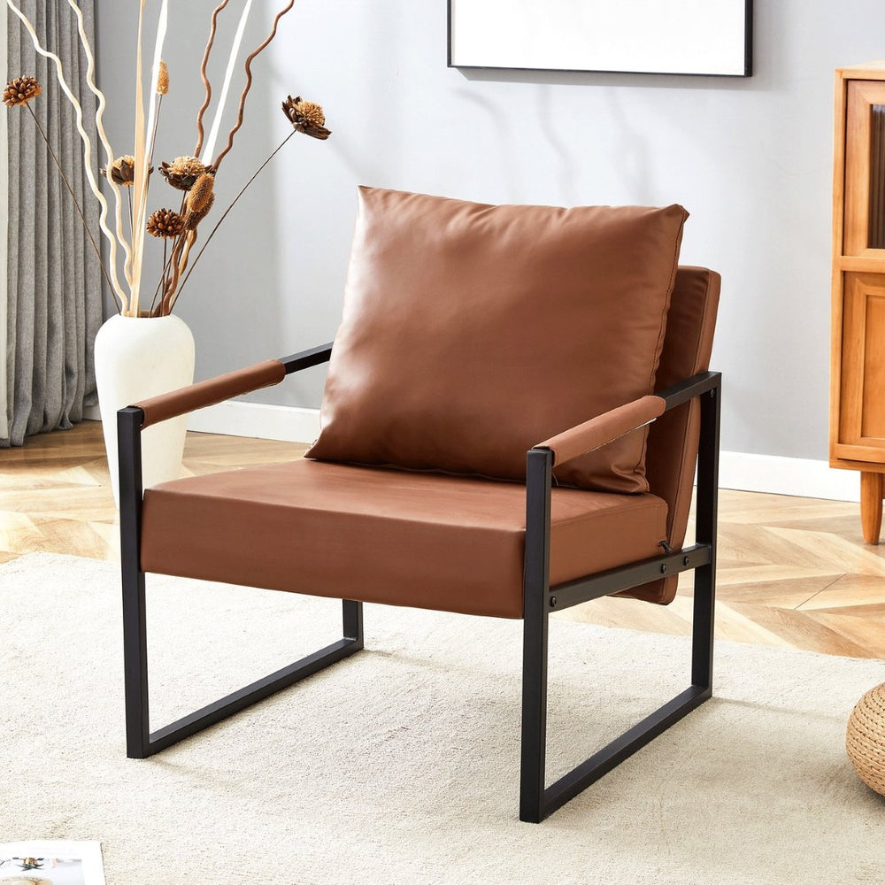 English Elm Set of 1 Industrial Accent Chair Pu Leather Ergonomic Seat Matte Metal Frame Office Brown W3875P378627