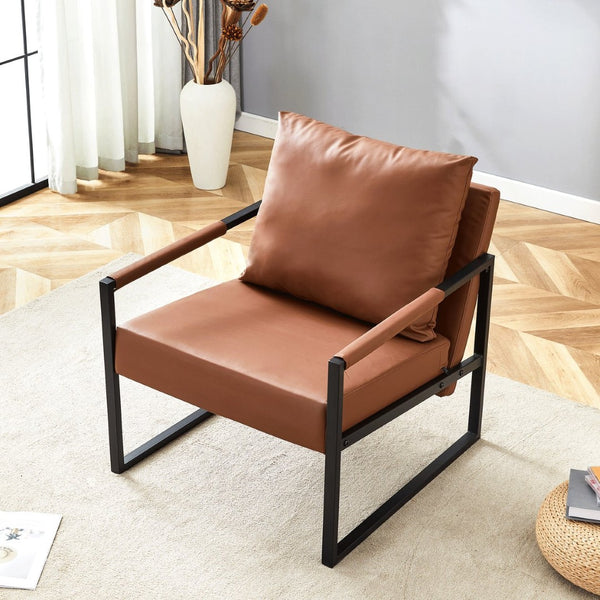 English Elm Set of 1 Industrial Accent Chair Pu Leather Ergonomic Seat Matte Metal Frame Office Brown W3875P378627