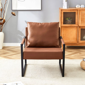 English Elm Set of 1 Industrial Accent Chair Pu Leather Ergonomic Seat Matte Metal Frame Office Brown W3875P378627