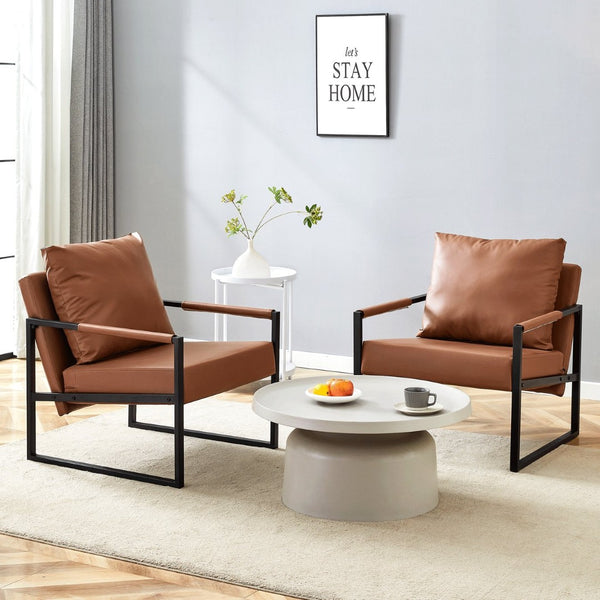 English Elm Set of 1 Industrial Accent Chair Pu Leather Ergonomic Seat Matte Metal Frame Office Brown W3875P378627