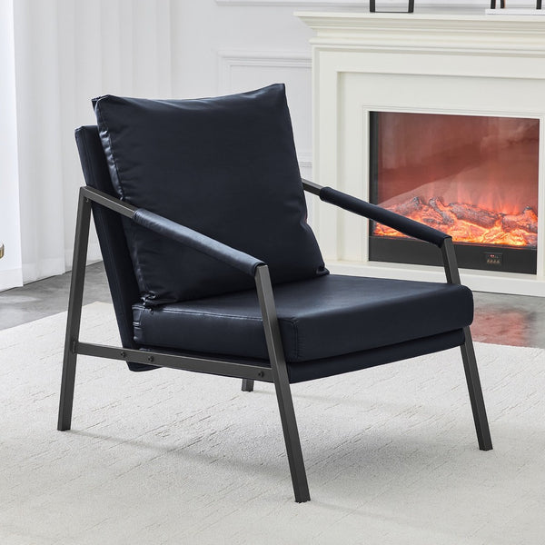 English Elm Modern Faux Leather Armchair with Matte Black Metal Frame for Living Room or Office W3875P430958