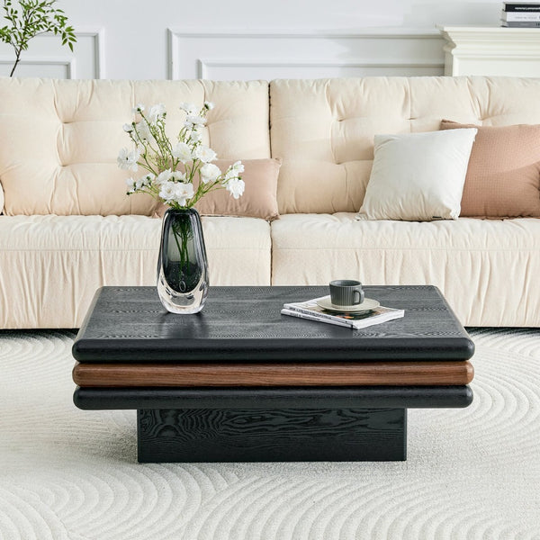 English Elm Modern Three Tier Stacked Mdf Wood Veneer Coffee Table Low Profile Living Room Black & Walnut W3875P433610