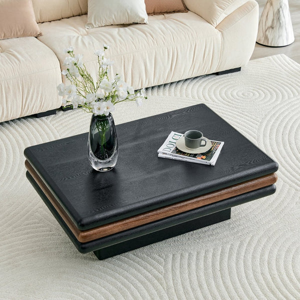 English Elm Modern Three Tier Stacked Mdf Wood Veneer Coffee Table Low Profile Living Room Black & Walnut W3875P433610