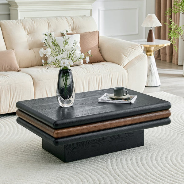 English Elm Modern Three Tier Stacked Mdf Wood Veneer Coffee Table Low Profile Living Room Black & Walnut W3875P433610