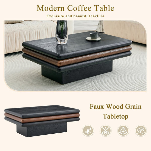 English Elm Modern Three Tier Stacked Mdf Wood Veneer Coffee Table Low Profile Living Room Black & Walnut W3875P433610