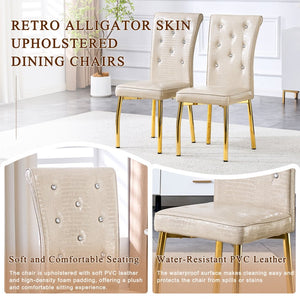 English Elm A Set of 4 Glam Faux Alligator Pvc Dining Chairs with Crystal Hardware and Gold Legs Beige/Gold W3875P443800