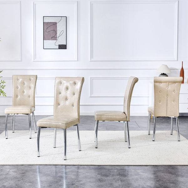 English Elm A Set of 4 Glam Faux Alligator Pvc Dining Chairs with Crystal Hardware and Gold Legs Beige/Silver W3875P443802