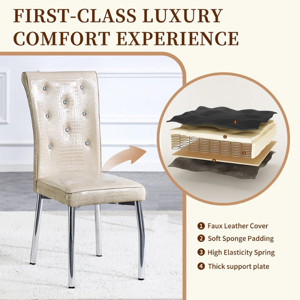 English Elm A Set of 4 Glam Faux Alligator Pvc Dining Chairs with Crystal Hardware and Gold Legs Beige/Silver W3875P443802