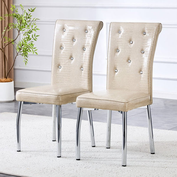 English Elm A Set of 4 Glam Faux Alligator Pvc Dining Chairs with Crystal Hardware and Gold Legs Beige W3875P443803