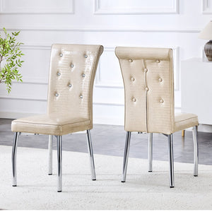 English Elm A Set of 4 Glam Faux Alligator Pvc Dining Chairs with Crystal Hardware and Gold Legs Beige W3875P443803
