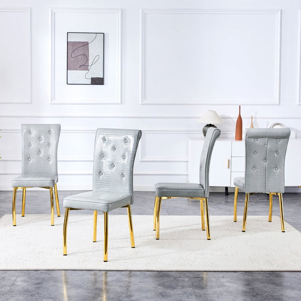English Elm A Set of 4 Glam Faux Alligator Pvc Dining Chairs with Crystal Hardware and Gold Legs Gray/Gold W3875P443804