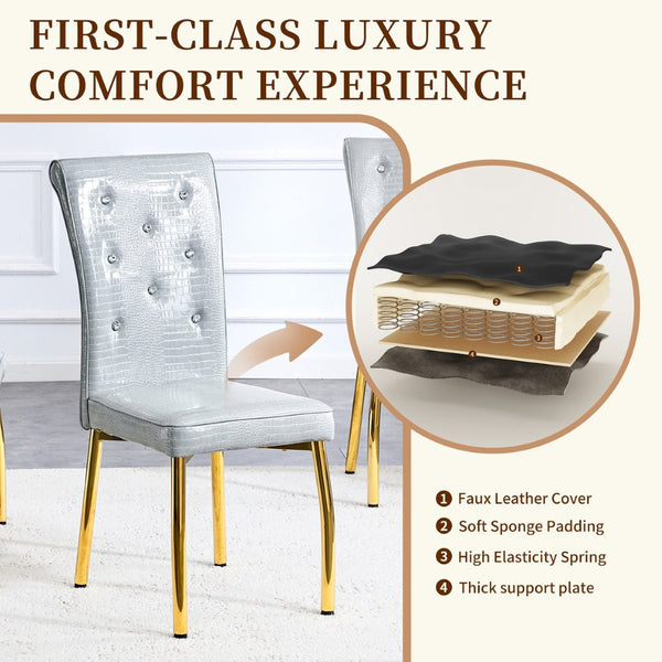 English Elm A Set of 4 Glam Faux Alligator Pvc Dining Chairs with Crystal Hardware and Gold Legs Gray/Gold W3875P443804