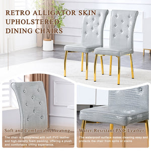 English Elm A Set of 4 Glam Faux Alligator Pvc Dining Chairs with Crystal Hardware and Gold Legs Gray/Gold W3875P443804