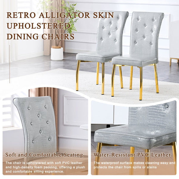 English Elm A Set of 4 Glam Faux Alligator Pvc Dining Chairs with Crystal Hardware and Gold Legs Gray/Gold W3875P443804
