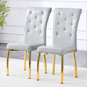 English Elm A Set of 4 Glam Faux Alligator Pvc Dining Chairs with Crystal Hardware and Gold Legs Gray / Gold W3875P443805
