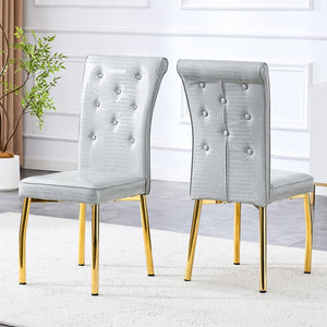 English Elm A Set of 4 Glam Faux Alligator Pvc Dining Chairs with Crystal Hardware and Gold Legs Gray / Gold W3875P443805
