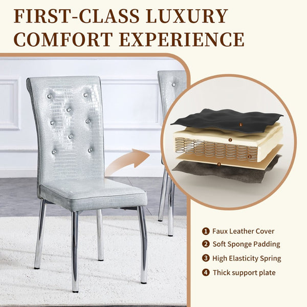 English Elm A Set of 4 Glam Faux Alligator Pvc Dining Chairs with Crystal Hardware and Gold Legs Gray/Silver W3875P443806