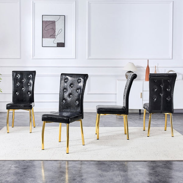 English Elm Set of 4 Glam Faux Alligator Pvc Dining Chairs with Crystal Buckle and Gilded Legs Black, Gold W3875P443808