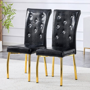 English Elm Set of 2 Glam Faux Alligator Dining Chairs with Crystal Buckle Gold Metal Legs W3875P443809