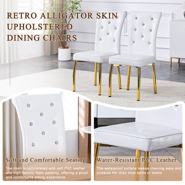 English Elm Set of 4 Glam Faux Alligator Pvc Dining Chairs with Crystal Buckle and Gilded Legs Gold, White W3875P443812