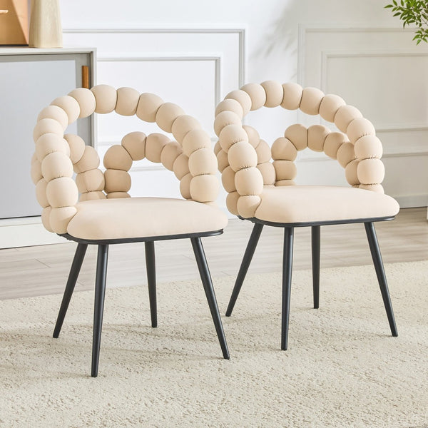 English Elm Set of 2 Velvet Bubble Accent Dining Chairs Sculpted Backrest Black Metal Legs Beige W3875P446133
