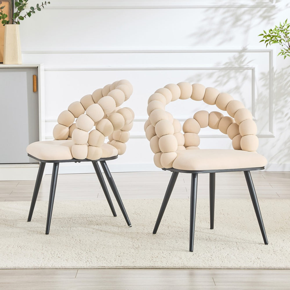 English Elm Set of 2 Velvet Bubble Accent Dining Chairs Sculpted Backrest Black Metal Legs Beige W3875P446133