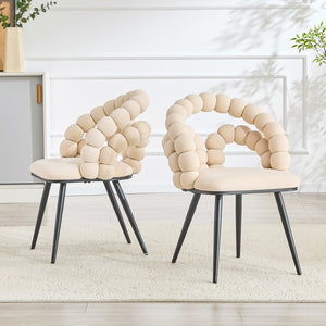 English Elm Set of 2 Velvet Bubble Accent Dining Chairs Sculpted Backrest Black Metal Legs Beige W3875P446133