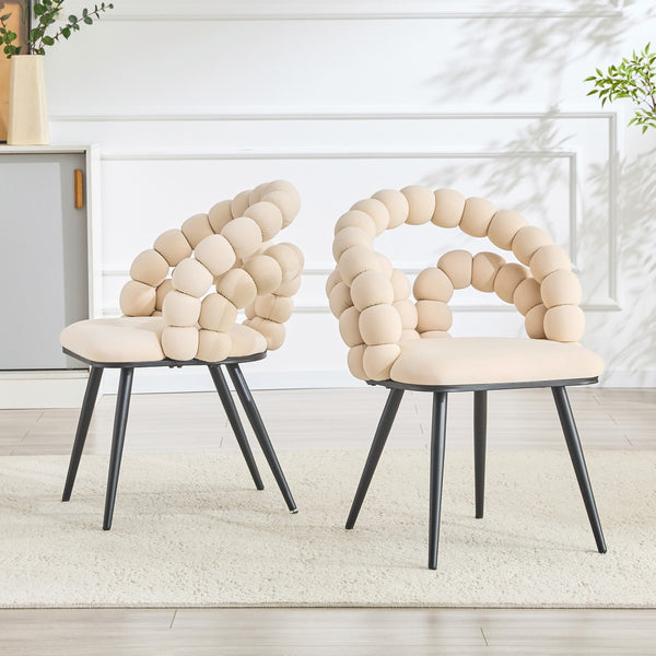 English Elm Set of 2 Velvet Bubble Accent Dining Chairs Sculpted Backrest Black Metal Legs Beige W3875P446133