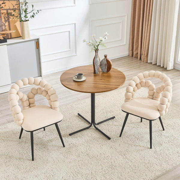 English Elm Set of 2 Velvet Bubble Accent Dining Chairs Sculpted Backrest Black Metal Legs Beige W3875P446133