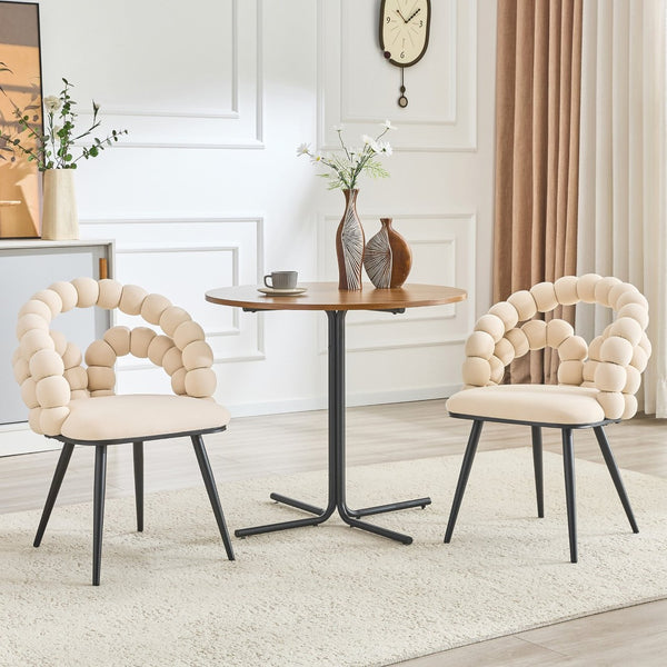 English Elm Set of 2 Velvet Bubble Accent Dining Chairs Sculpted Backrest Black Metal Legs Beige W3875P446133