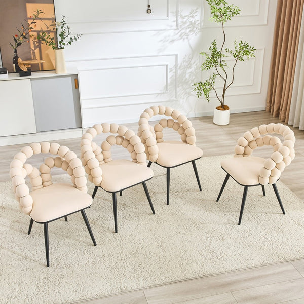 English Elm Set of 2 Velvet Bubble Accent Dining Chairs Sculpted Backrest Black Metal Legs Beige W3875P446133