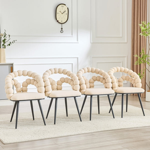English Elm Set of 2 Velvet Bubble Accent Dining Chairs Sculpted Backrest Black Metal Legs Beige W3875P446133