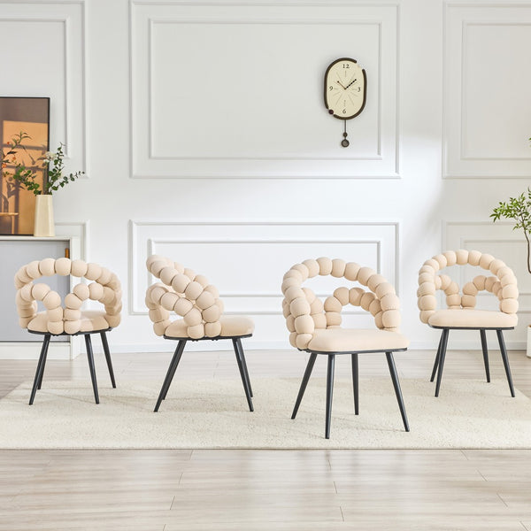 English Elm Set of 2 Velvet Bubble Accent Dining Chairs Sculpted Backrest Black Metal Legs Beige W3875P446133