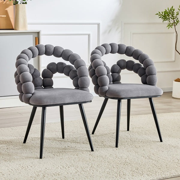 English Elm Set of 2 Velvet Bubble Accent Dining Chairs Sculpted Backrest Black Metal Legs Grey W3875P446134