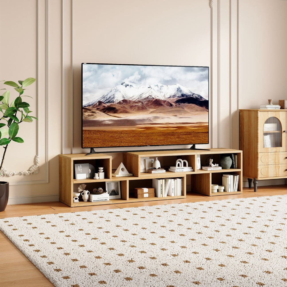 English Elm Modular Light Wood Media Console with Open Cubbies for Living Room Entertainment Storage W3875P448969