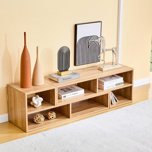 English Elm Modular Light Wood Media Console with Open Cubbies for Living Room Entertainment Storage W3875P448969