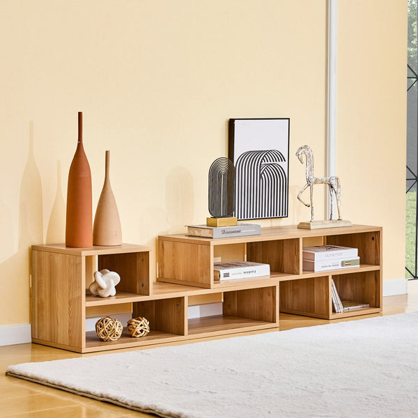 English Elm Modular Light Wood Media Console with Open Cubbies for Living Room Entertainment Storage W3875P448969