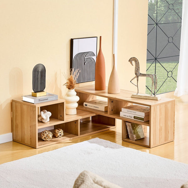 English Elm Modular Light Wood Media Console with Open Cubbies for Living Room Entertainment Storage W3875P448969