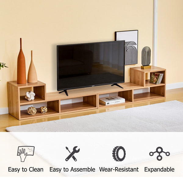 English Elm Modular Light Wood Media Console with Open Cubbies for Living Room Entertainment Storage W3875P448969