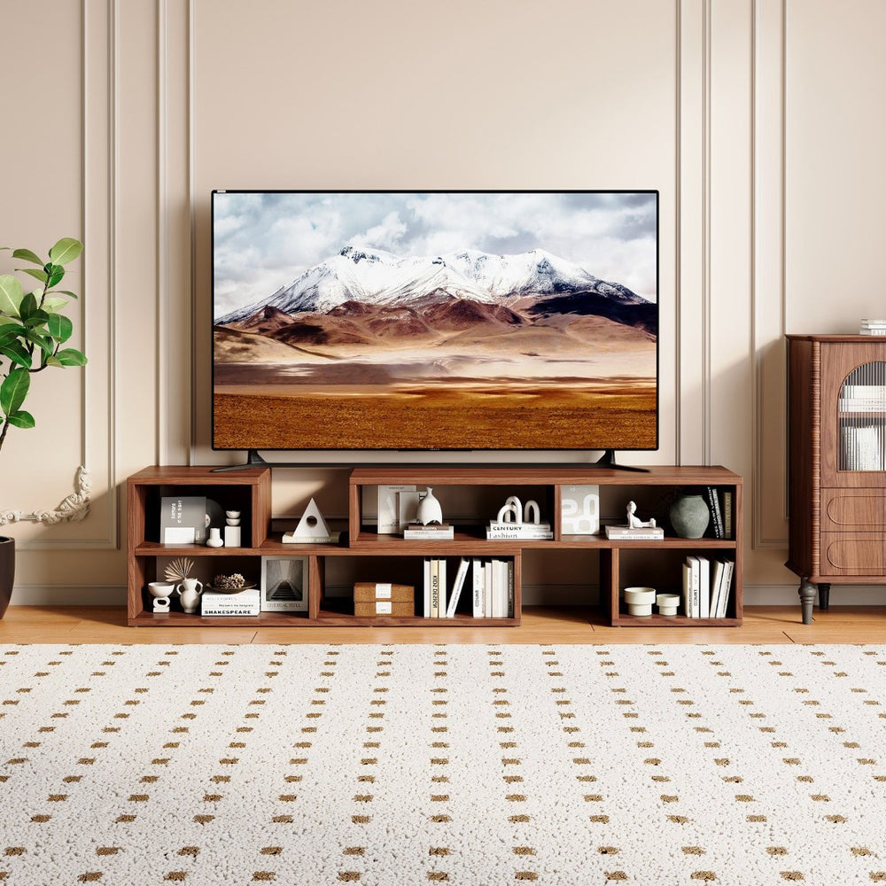 English Elm Dark Walnut Modular Media Console Open Cubby Entertainment Unit for Living Room W3875P448970