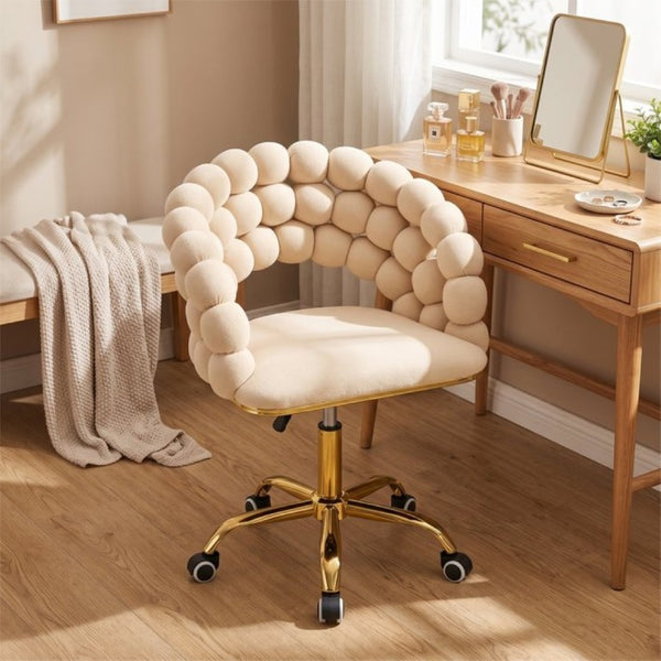 English Elm Velvet Bubble Back Swivel Vanity Chair with Gold Base for Glam Bedroom Dressing Beige W3875P457576