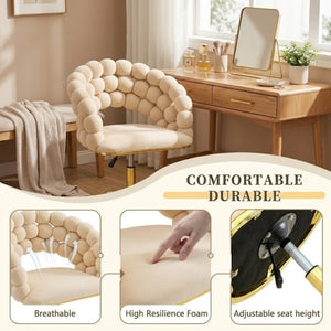 English Elm Velvet Bubble Back Swivel Vanity Chair with Gold Base for Glam Bedroom Dressing Beige W3875P457576