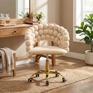 English Elm Velvet Bubble Back Swivel Vanity Chair with Gold Base for Glam Bedroom Dressing Beige W3875P457576