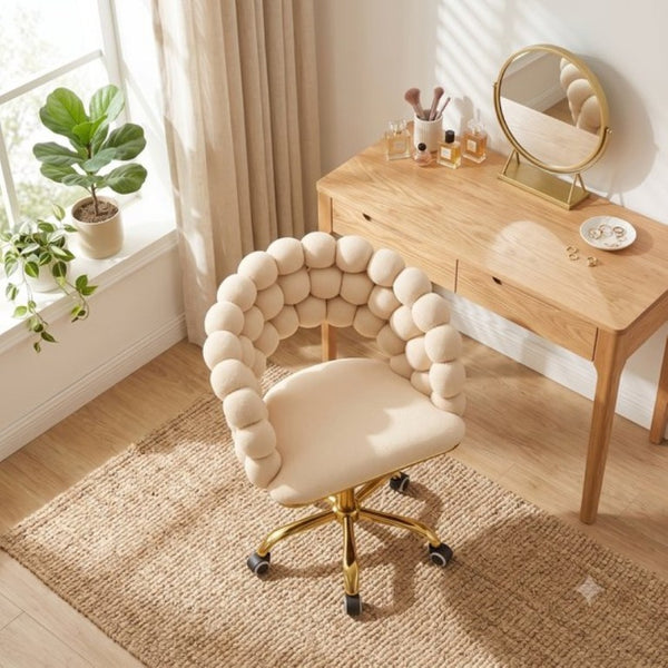 English Elm Velvet Bubble Back Swivel Vanity Chair with Gold Base for Glam Bedroom Dressing Beige W3875P457576