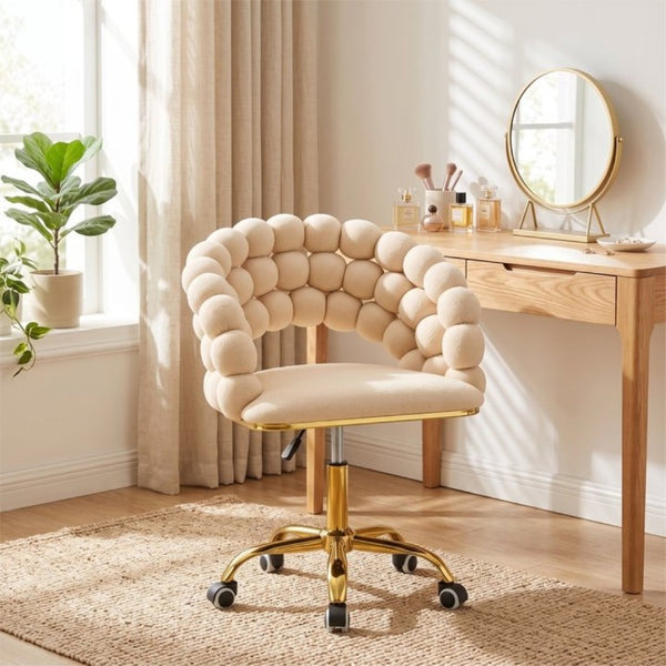 English Elm Velvet Bubble Back Swivel Vanity Chair with Gold Base for Glam Bedroom Dressing Beige W3875P457576