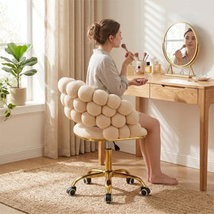 English Elm Velvet Bubble Back Swivel Vanity Chair with Gold Base for Glam Bedroom Dressing Beige W3875P457576