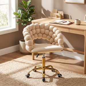 English Elm Velvet Bubble Back Swivel Vanity Chair with Gold Base for Glam Bedroom Dressing Beige W3875P457576