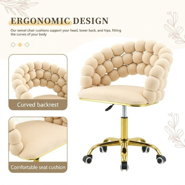 English Elm Velvet Bubble Back Swivel Vanity Chair with Gold Base for Glam Bedroom Dressing Beige W3875P457576